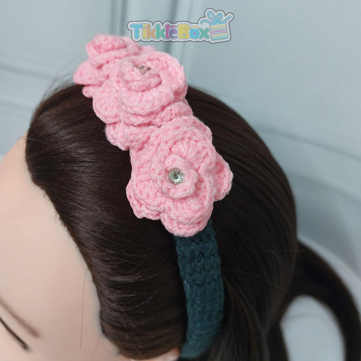 Crochet Flower Headband - Pink & Black