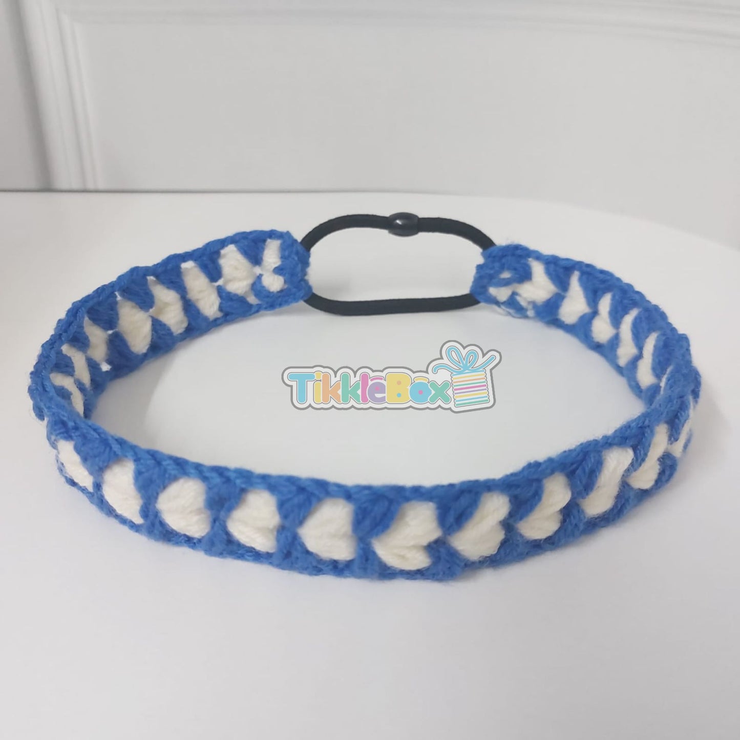 Crochet Heart Headband - White & Blue