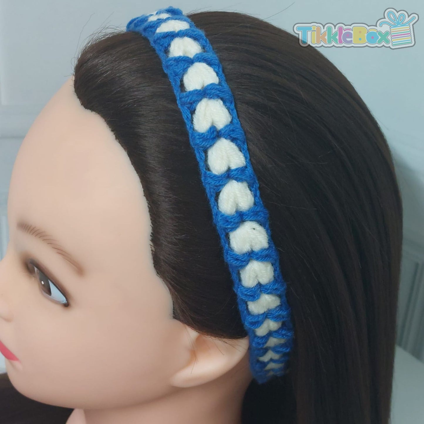 Crochet Heart Headband - White & Blue