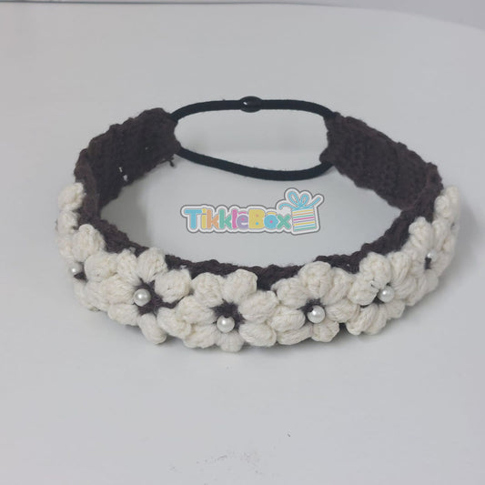 Crochet Flower Headband - White & Brown