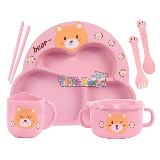 Eco Friendly Bamboo Fiber Cartoon Dinner Set, 8 Pcs Tableware Crockery Set - Pink Bear