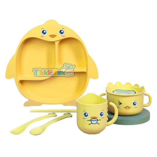 Mealtime Bamboo Dinnerware for Kids Toddler, Plate and Bowl Set Eco Friendly (PIGGU) - Yellow