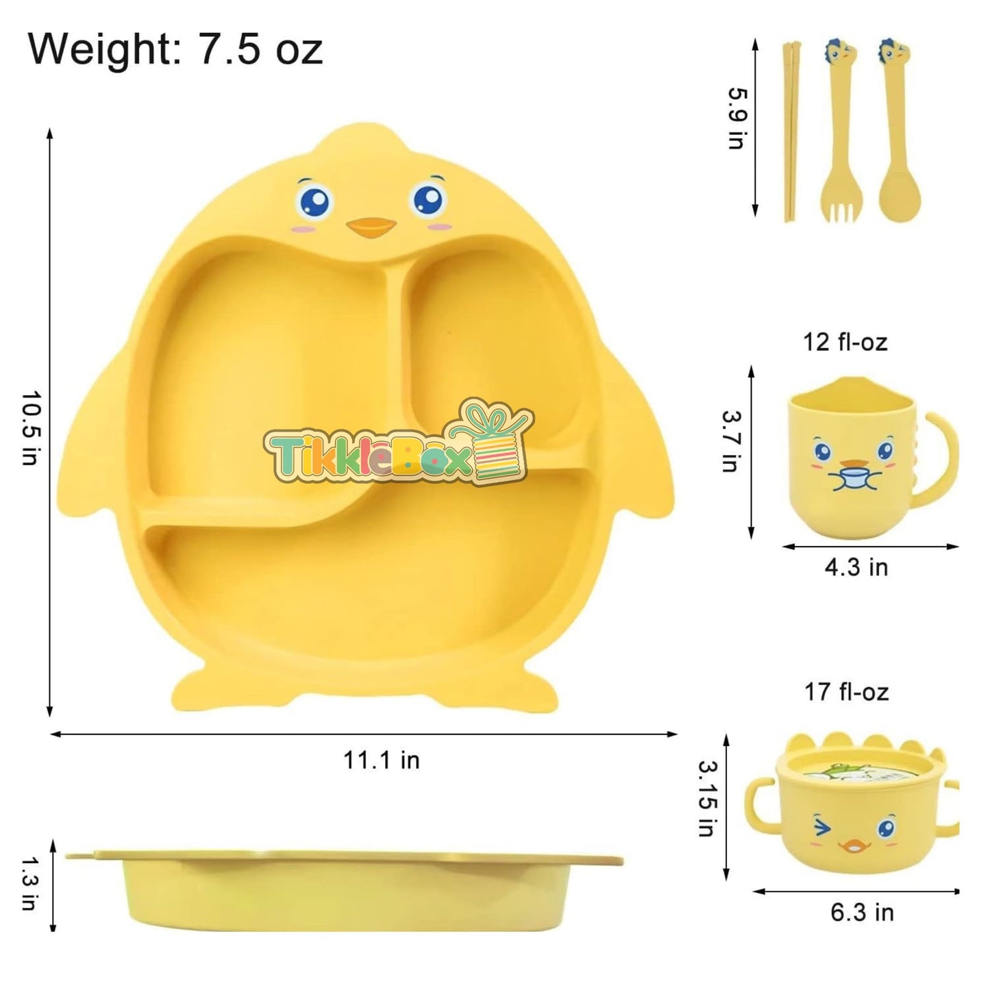 Mealtime Bamboo Dinnerware for Kids Toddler, Plate and Bowl Set Eco Friendly (PIGGU) - Yellow