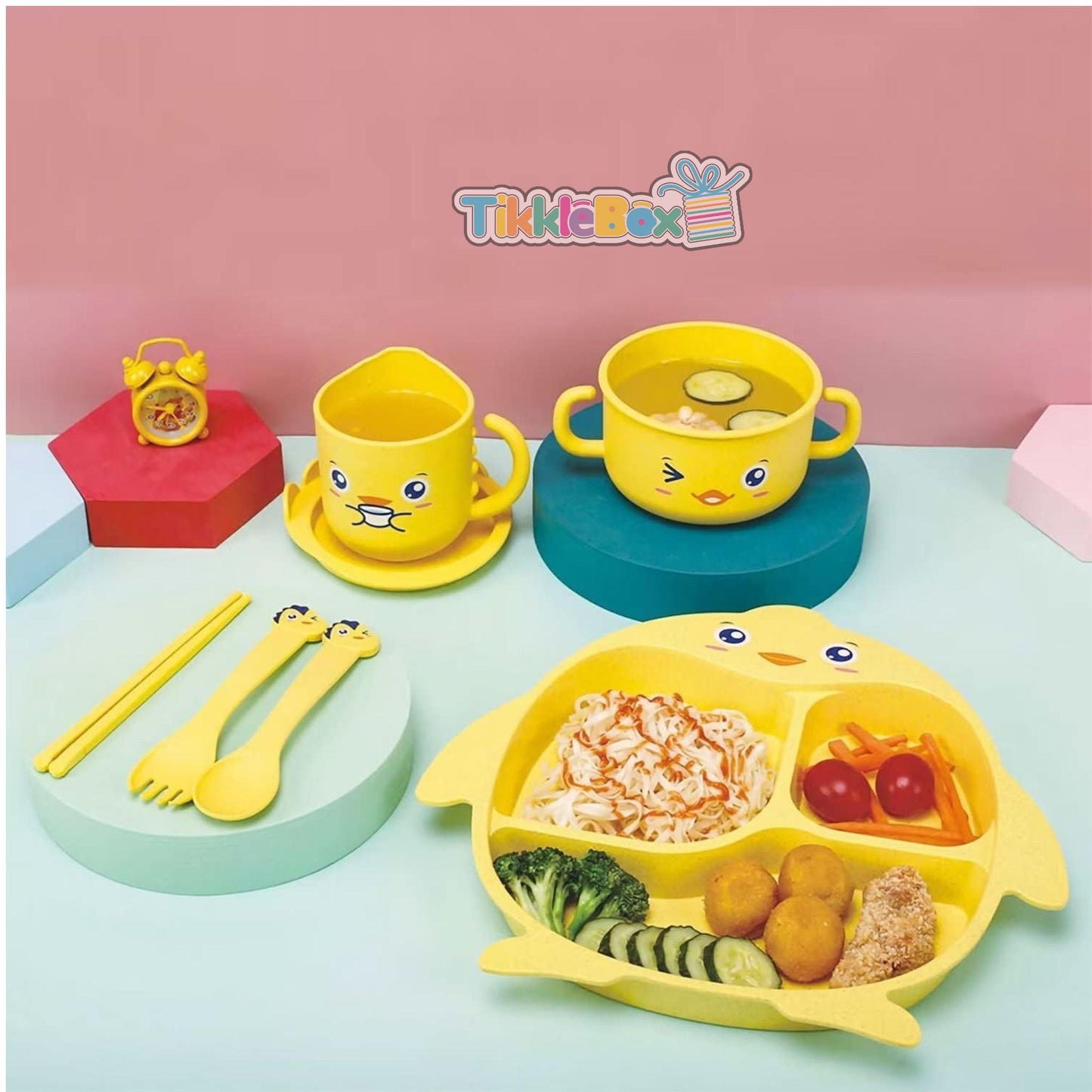 Mealtime Bamboo Dinnerware for Kids Toddler, Plate and Bowl Set Eco Friendly (PIGGU) - Yellow